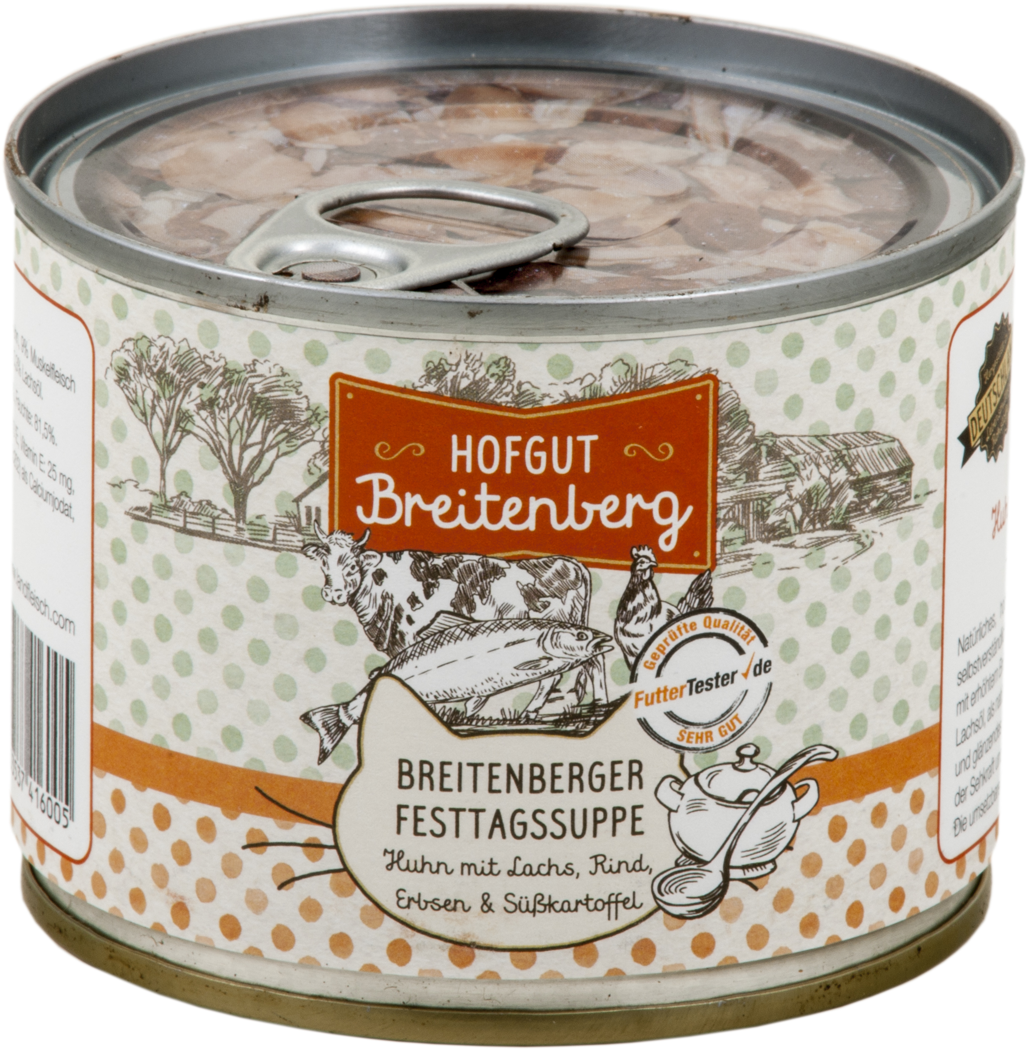 Hofgut Breitenberg Cat Breitenberger Festtagssuppe Huhn mit Lachs, Rind, Erbsen und Süßkartoffel 180 g